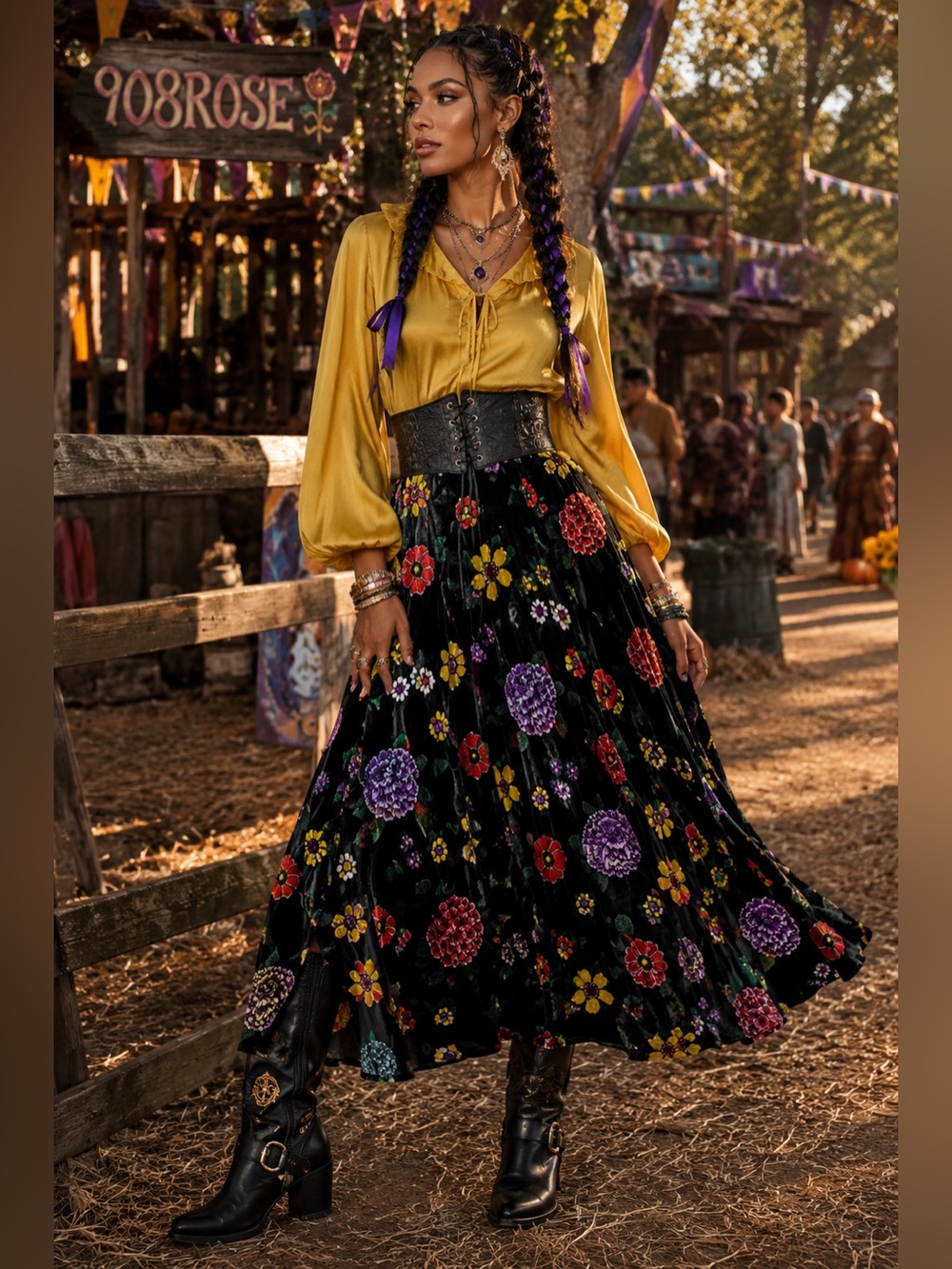 Vintage Black Velvet Floral Skirt Estimated Size XL